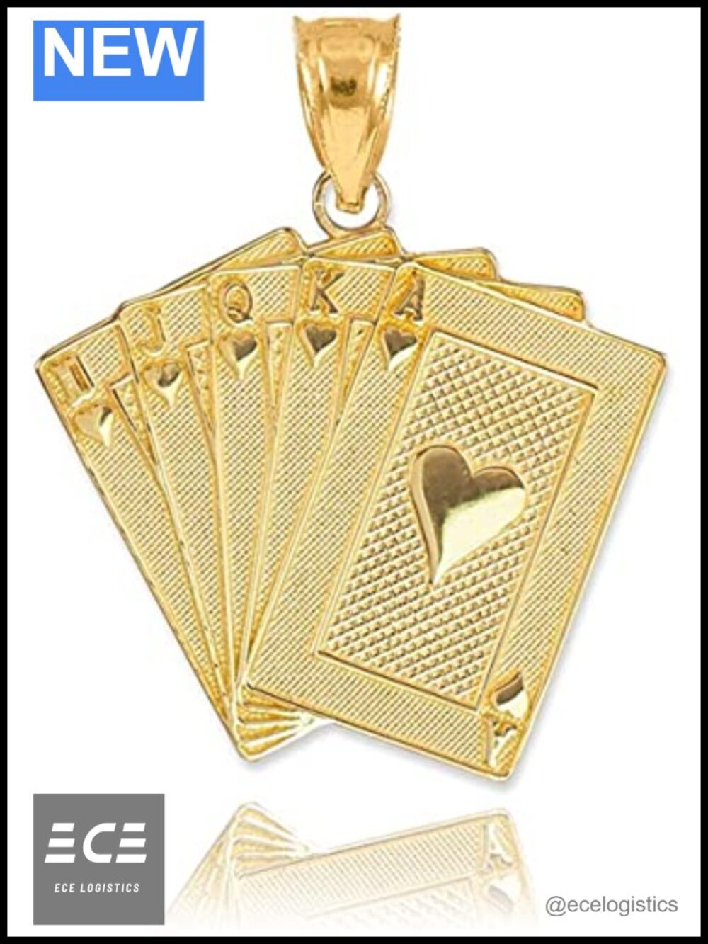 14K Solid Gold Royal Flush Poker Hand Charm Pendant